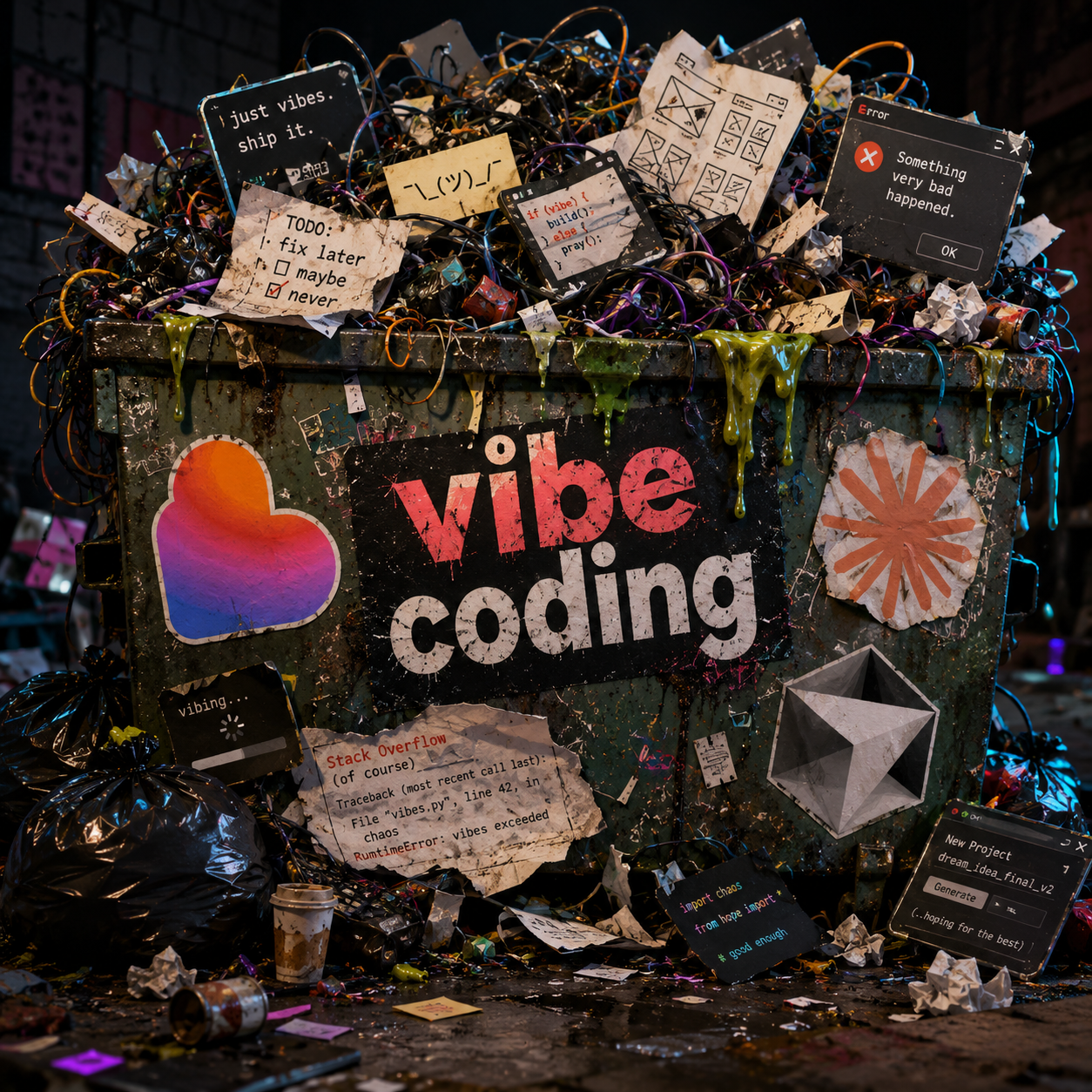 A dumpster overflowing with tangled wires and broken code: vibe coding